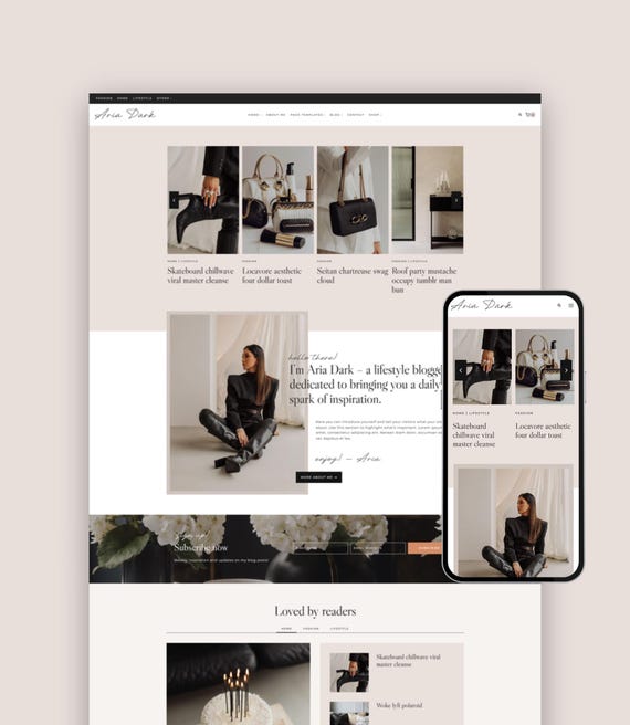 Dark Editorial Magazine WordPress Theme: Kadence Blog Template for Fashion Lifestyle Blogger, Mommy Blogging Feminine Website • Aria Dark
