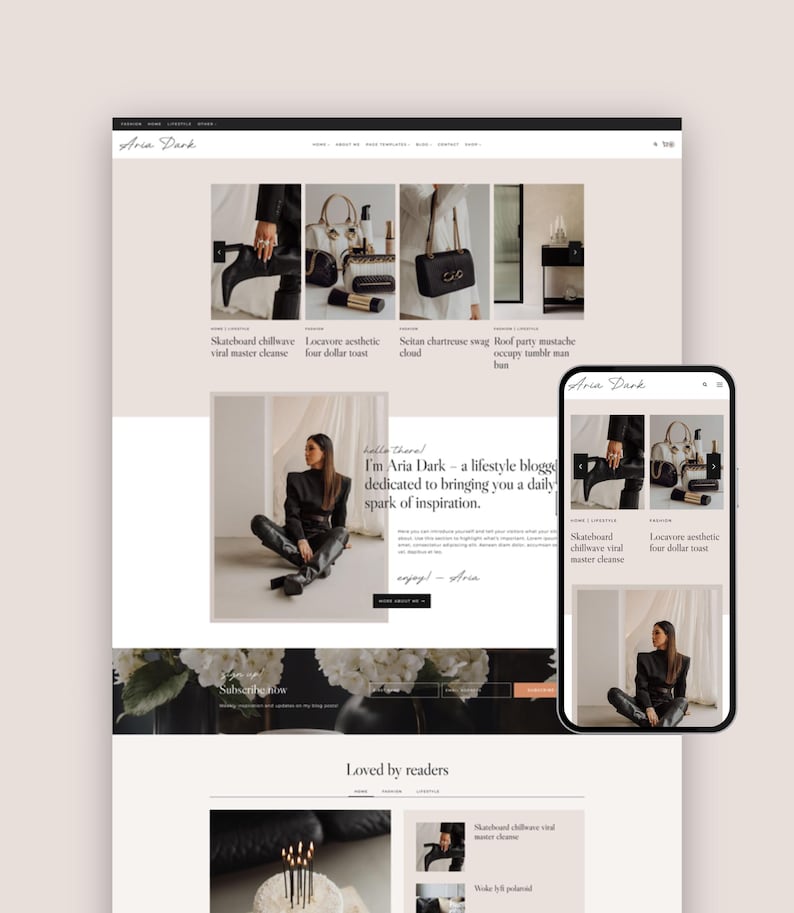 Dark Editorial Magazine WordPress Theme – Kadence blog template for fashion lifestyle blogger, influencer and mommy blogging website – Aria Dark theme design