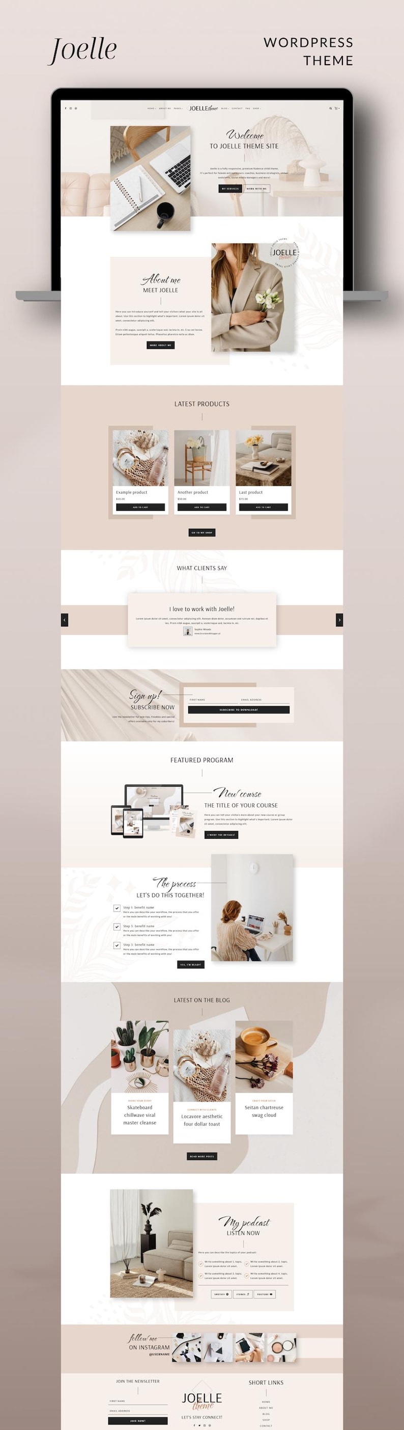 Joelle is a feminine WordPress child theme for Kadence, designed for: bloggers, podcasters, coaches, creators of digital products, business strategists, creative designers, virtual assistants, social media managers and other female entrepreneurs!
