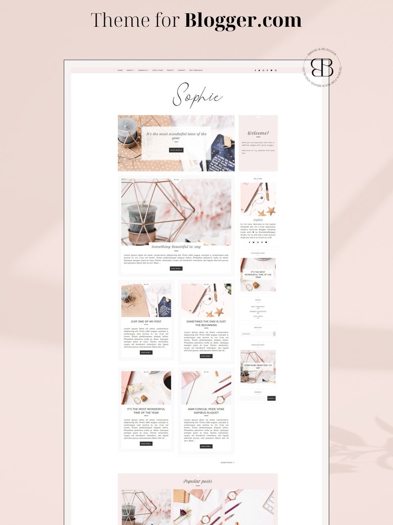 Sophie Responsive Blogger template, feminine premium Blogger theme with slider, lifestyle blog design, premade modern Blogspot layout image 1