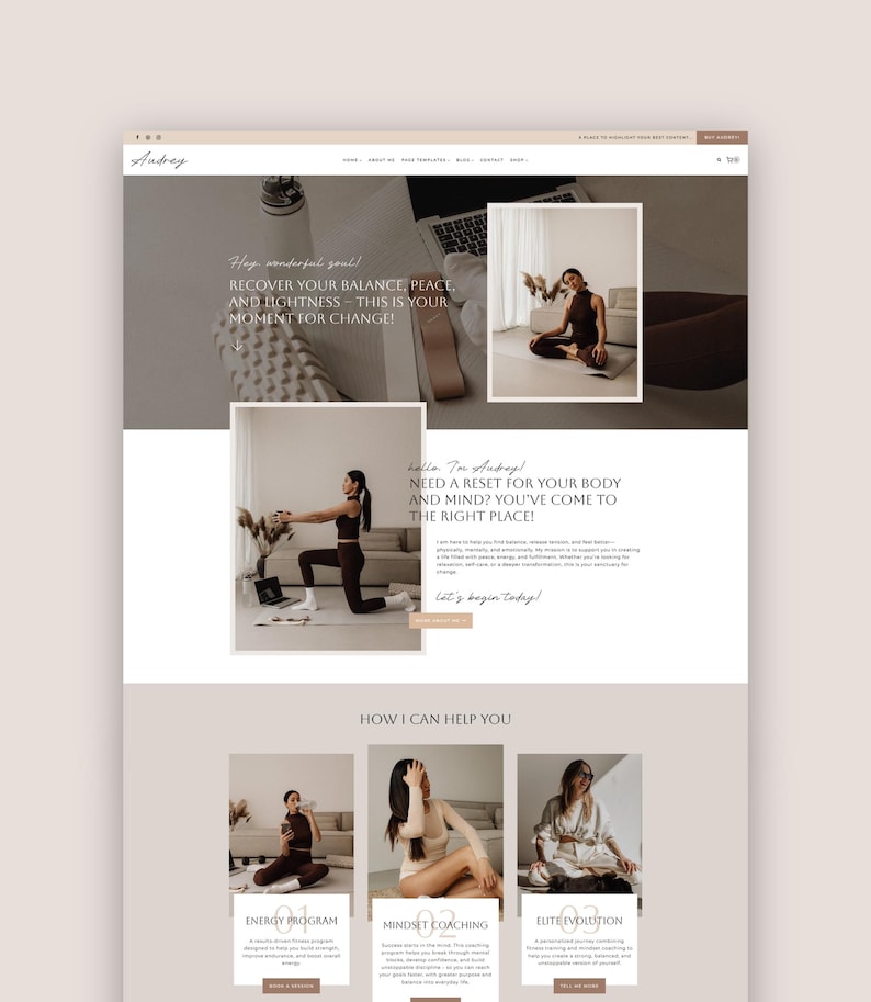 Feminine Coaching WordPress Theme, Kadence Child Theme for Coach, Yoga Fitness Instructor, WordPress Blog Theme, Elegant modern Business Website Template, Podcast Website, Ecommerce template, Woocommerce Template, Audrey Kadence Child Theme by Brand & Blogger, Feminine Coaching WordPress template, Ecommerce Website Template, Business WordPress template for business strategists, virtual assistants, social media managers, podcasters, creators of digital products (ebook, courses), service providers