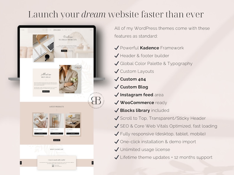 Joelle is a feminine WordPress child theme for Kadence, designed for: bloggers, podcasters, coaches, creators of digital products, business strategists, creative designers, virtual assistants, social media managers and other female entrepreneurs!