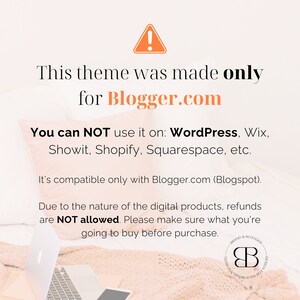 Op de afbeelding: Een waarschuwingsbord met een uitroepteken in een driehoek. De tekst luidt: "Dit thema is alleen gemaakt voor Blogger.com. Je kunt het NIET gebruiken op: WordPress, Wix, Showit, Shopify, Squarespace, etc. Het is alleen compatibel met Blogger.com (Blogspot). Vanwege de aard van de digitale producten zijn restituties NIET toegestaan. Zorg ervoor dat je weet wat je koopt voordat je een aankoop doet."