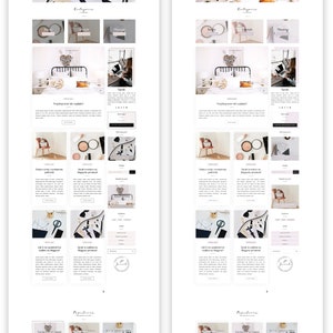 Op de afbeelding: Een schermafbeelding van een website die een blogsjabloon toont met een zwart-wit kleurenschema. De blog heeft een koptekst met de tekst "Sarah" en een navigatiebalk met links naar "Categorie&euml;n", "Populair" en "Instagram". De blog heeft ook een zoekbalk, een gefeatured bericht en een raster met recente berichten.