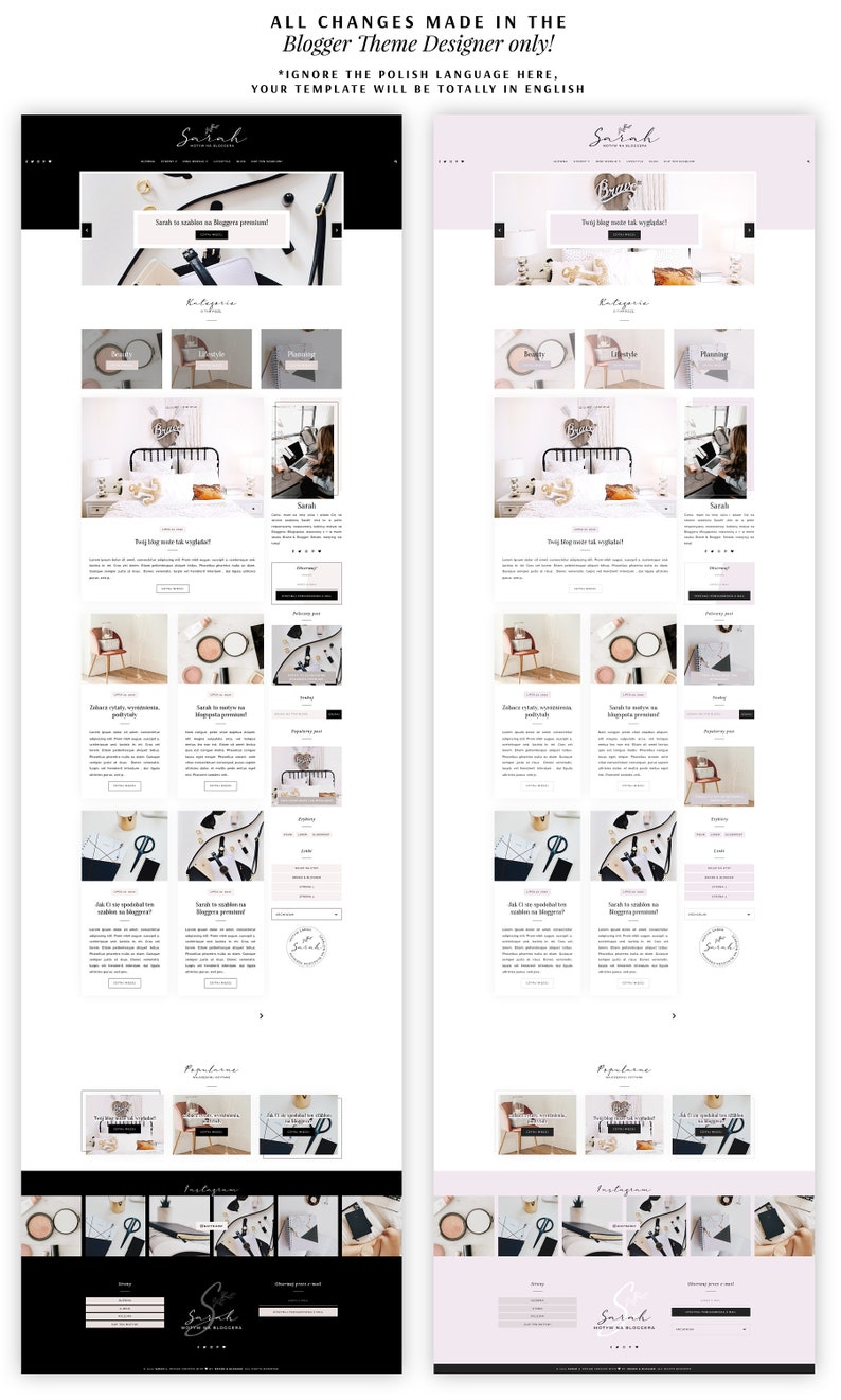 Op de afbeelding: Een schermafbeelding van een website die een blogsjabloon toont met een zwart-wit kleurenschema. De blog heeft een koptekst met de tekst "Sarah" en een navigatiebalk met links naar "Categorie&euml;n", "Populair" en "Instagram". De blog heeft ook een zoekbalk, een gefeatured bericht en een raster met recente berichten.