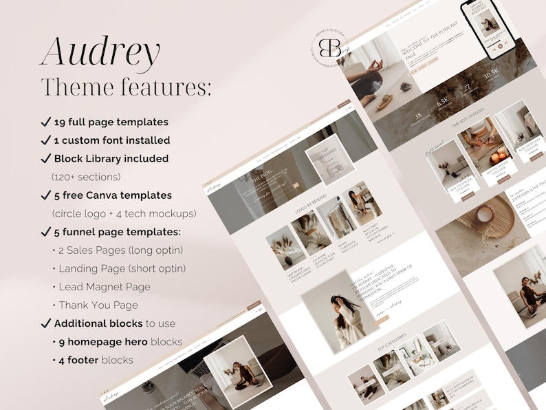 Feminine Coaching WordPress Theme, Kadence Child Theme for Coach, coaches, yoga and fitness instructors, wellness therapists, creators of digital products, Podcast, Blogger, Shop, Elegant modern Business Website Template, Audrey Kadence Child Theme, Beige classy minimalist WordPress theme