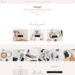 Op de afbeelding: Een schermafbeelding van een website die een blogpost toont met de titel "Oooops!" en een bericht dat de pagina niet bestaat. De website heeft ook een sectie voor populaire berichten, een Instagram-feed en een sectie voor pagina's. De website is ontworpen in een minimalistische stijl met een lichtroze achtergrond en witte tekst.
