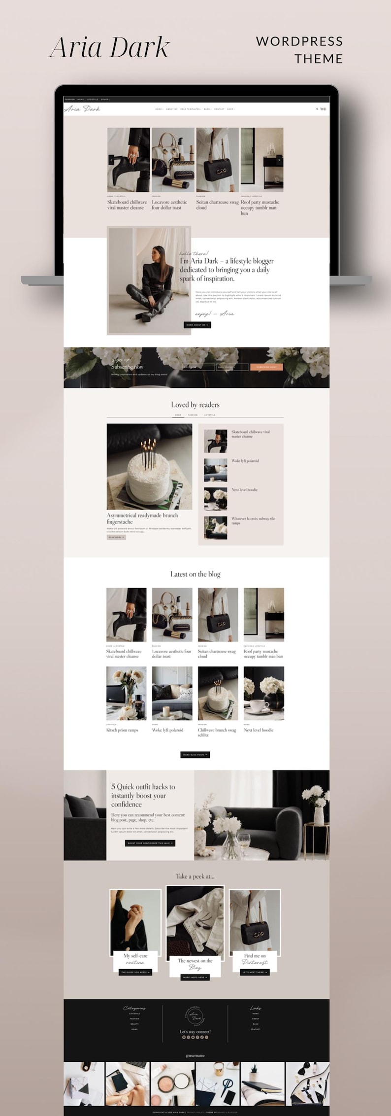 Dark Editorial Magazine WordPress Theme – Kadence blog template for fashion lifestyle blogger, influencer and mommy blogging website – Aria Dark theme design