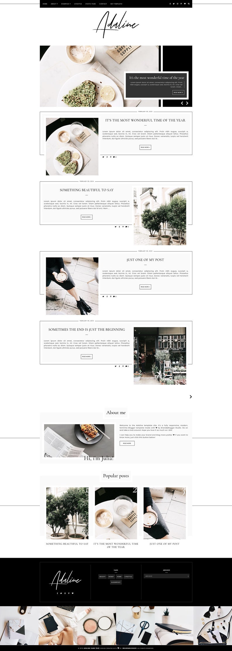Adaline Dark Responsive Blogger template, fashion premium Blogger theme, slider lifestyle blog design, premade feminine Blogspot layout image 2