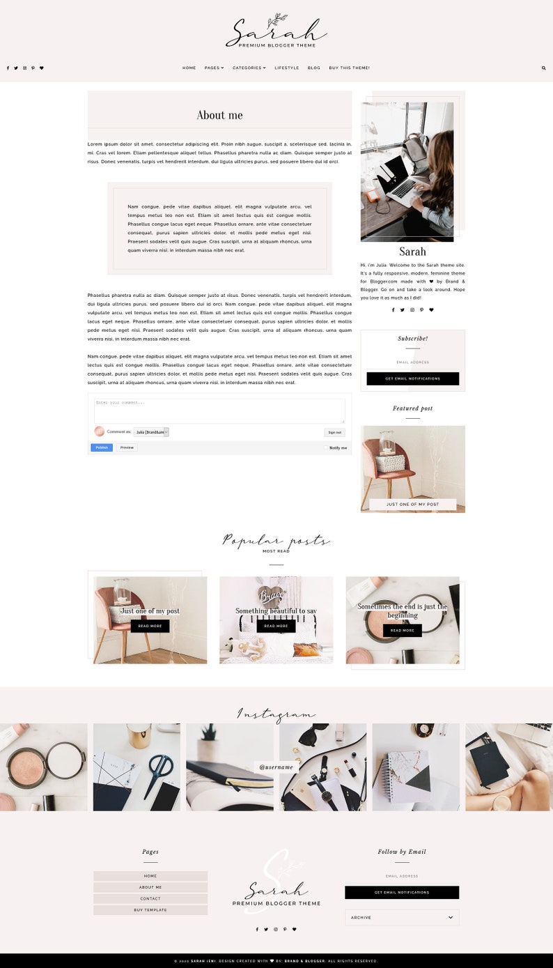 Op de afbeelding: Een website-homepage voor een lifestyleblog genaamd "Sarah". De website bevat een foto van een vrouw die aan een laptop werkt, een sectie voor populaire berichten en een sectie voor Instagram-foto's.