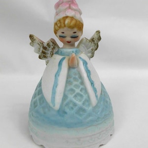 Vintage Lefton Blue Angel Bell Praying Porcelain Hand Painted Figurine 4 Inch