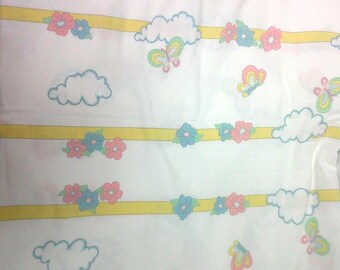 Vintage Fabric White with Clouds Flowers Butterflies Butterfly 144x44