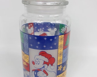 Vintage Anchor Hocking Disney Mickey Minnie Christmas Holiday Candy Jar w Lid