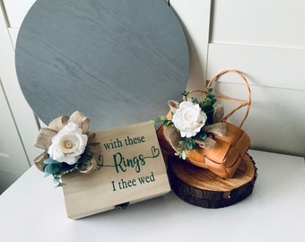 Rustic Woven Rose and Eucalyptus Flower Girl Basket for Petal Scatter with Matching Personalised Ring Bearer Wooden Box