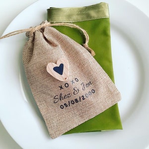 Personalised Hessian or Burlap Drawstring Reusable Jute Gift Bags Ideal for Wedding or Party Favours | Personalised  Bonboniere Favour Bags