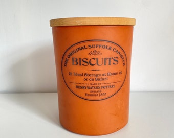Vintage Biscuit storage The Original Suffolk Canister Biscuits terracotta wooden lid Henry Watson Pottery 21cm