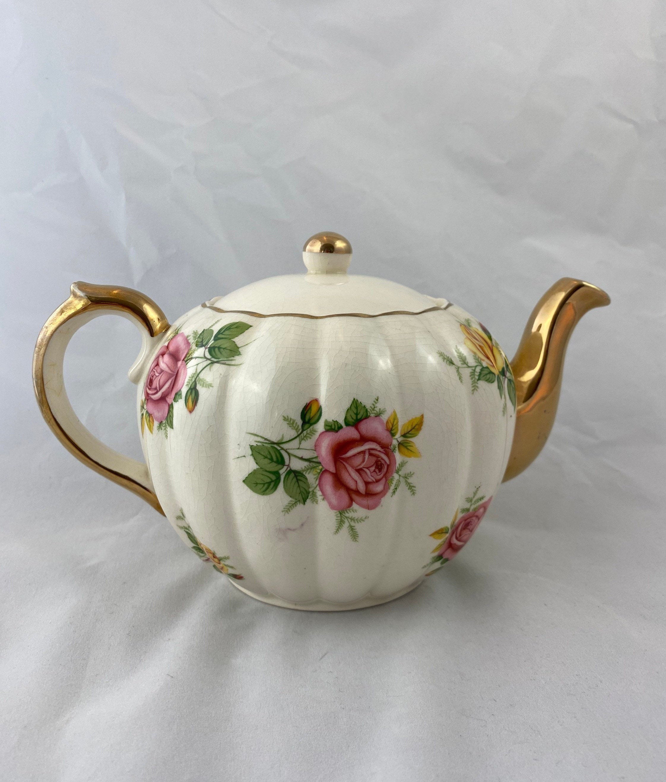Gibson Teapot Made in England. Pumpkin Shape Roses and Gilt Etsy