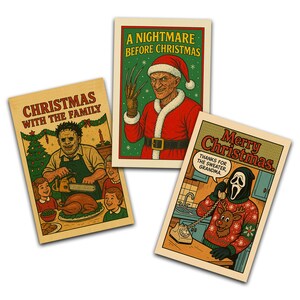 May include: Three vintage-style Christmas cards with horror movie themes. One card reads "Christmas with the Family," another "A Nightmare Before Christmas," and the third "Merry Christmas." Each card features a different horror character.