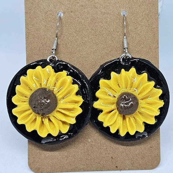 Handmade Sunflower Polymer Clay Earrings, Nickel Free Dangle Earrings, Resin coated, 3 hooks, 1 set posts. 4 options available