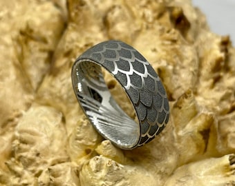 Stainless Steel Damascus and Titanium with Full Wrap Dragon Scale Pattern Engagement Ring/ Wedding Band