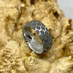 Stainless Steel Damascus and Titanium with Full Wrap Dragon Scale Pattern Engagement Ring/ Wedding Band
