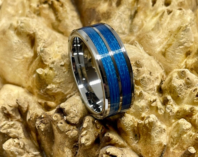 Double Channel Tungsten Carbide and Braided Fishing Line Engagement Ring/ Wedding Band