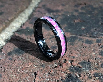 Petunia Pink Opal & Black Ceramic Engagement Ring - Wedding Band