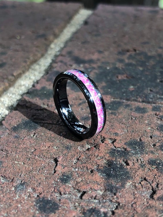 Petunia Pink Opal Black Ceramic Engagement Ring Wedding Band