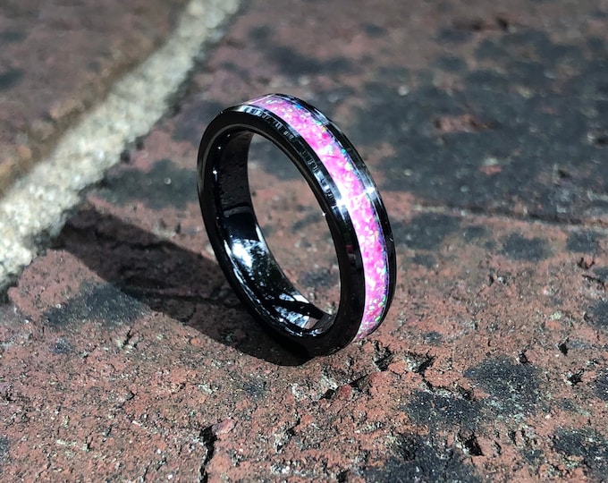 Petunia Pink Opal & Black Ceramic Engagement Ring - Wedding Band