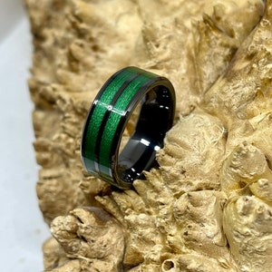 Double Channel Black Ceramic with Dark Green Braided Fishing Line Wedding Band/ Engagement Ring