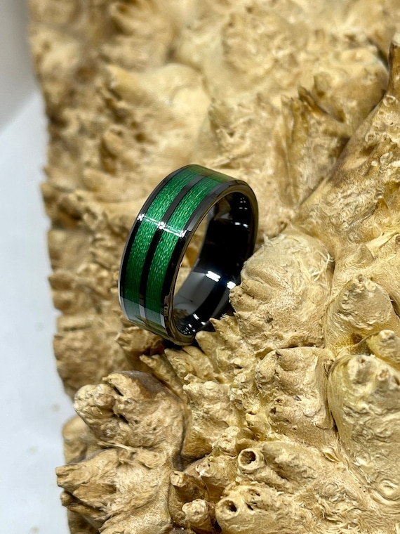 Double Channel Black Ceramic With Dark Green Braided Fishing Line Wedding  Band/ Engagement Ring 