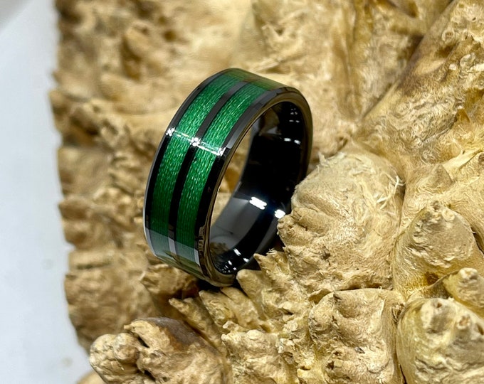 Double Channel Black Ceramic with Dark Green Braided Fishing Line Wedding Band/ Engagement Ring