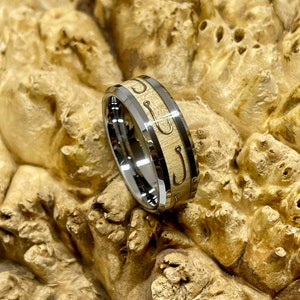 Tungsten Carbide with Birch Wood and Fish Hook Inlay Wedding Band/ Engagement Ring