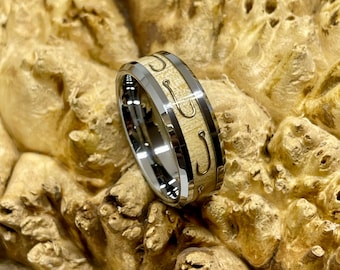 Tungsten Carbide with Birch Wood and Fish Hook Inlay Wedding Band/ Engagement Ring