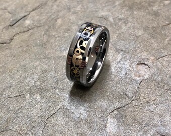 Steampunk Gear Ring on Tungsten Carbide Engagement Wedding Band