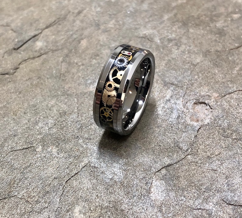 Wedding Band Steampunk Gear Ring on Tungsten Carbide Engagement