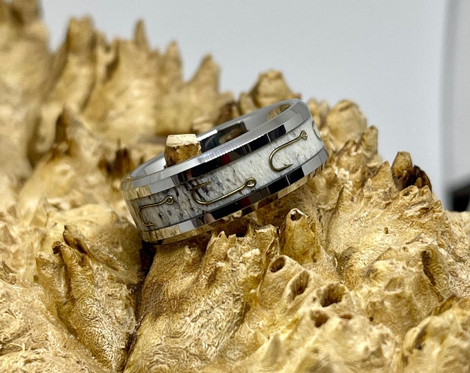 Tungsten Carbide, Antler and Fish Hook Wedding Band/ Engagement Ring