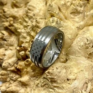 Titanium And Stainless Steel Damascus with Laser Engraved Flag Design Wedding Band/Engagement Ring.