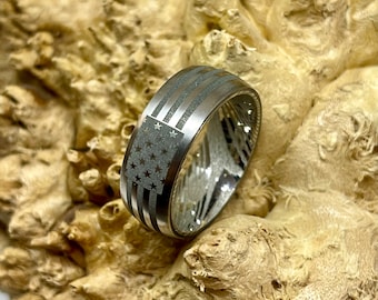 Titanium And Stainless Steel Damascus with Laser Engraved Flag Design Wedding Band/Engagement Ring.
