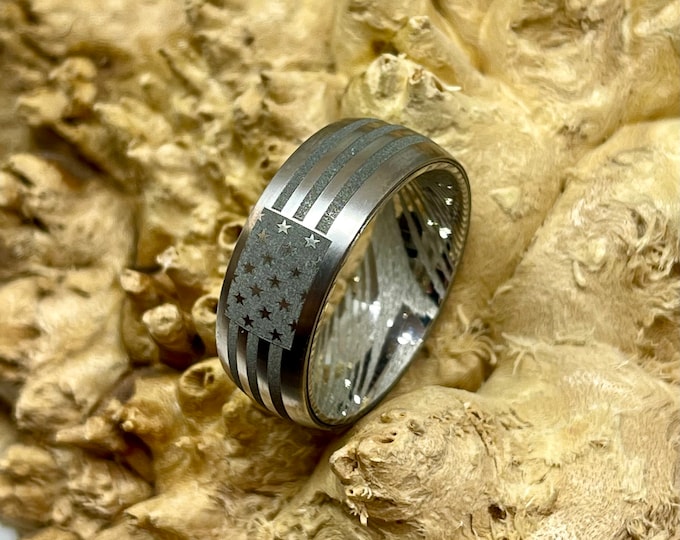 Titanium And Stainless Steel Damascus with Laser Engraved Flag Design Wedding Band/Engagement Ring.