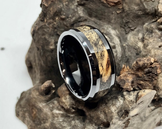 Buckeye Burl and Black Ceramic Wedding Band/ Engagement Ring