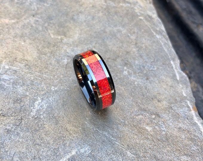Ruby Red Opal & Black Ceramic Engagement Ring - Wedding Band