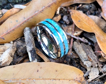 2 Channel Stainless Steel with Crushed Turquoise Engagement Ring- Wedding Band