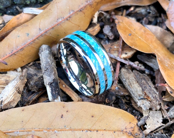 2 Channel Stainless Steel with Crushed Turquoise Engagement Ring- Wedding Band