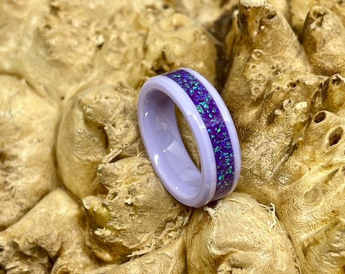 Purple Ceramic With Sleepy Lavender Opal Inlay Wedding Band/ Engagement Ring