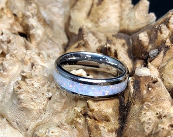 Pearl White Opal and Titanium Core Engagement Ring/ Wedding Band