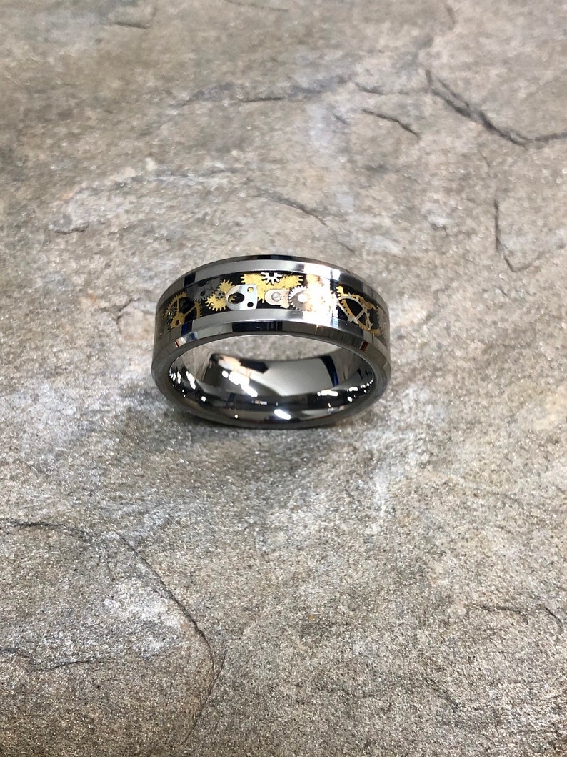 Wedding Band Steampunk Gear Ring on Tungsten Carbide Engagement