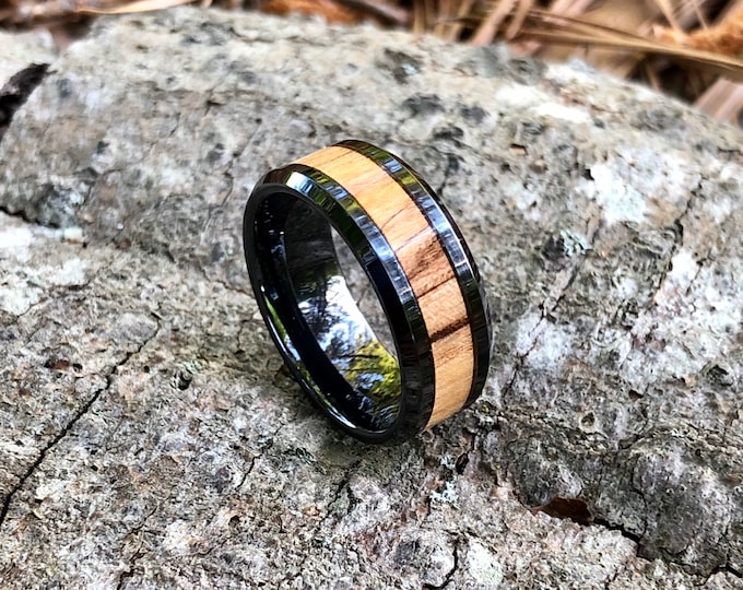 Black Ceramic And Olive Wood- Authentic Bethlehem Olive Wood- Engagement Ring- Wedding Band
