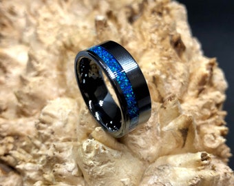 Black Ceramic with offset Carribean Blue Opal inlay engagement ring/ wedding band