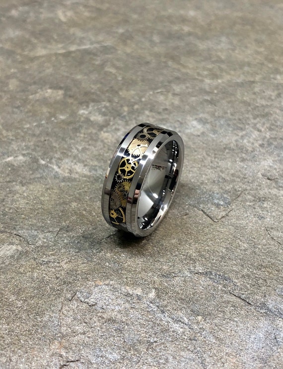 Steampunk Gear Ring on Tungsten Carbide Engagement Wedding Band